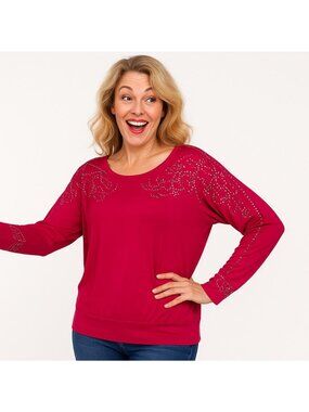 JM Collection Size Large Long-Sleeve Top Rhinestone Embellishments Fuchsia